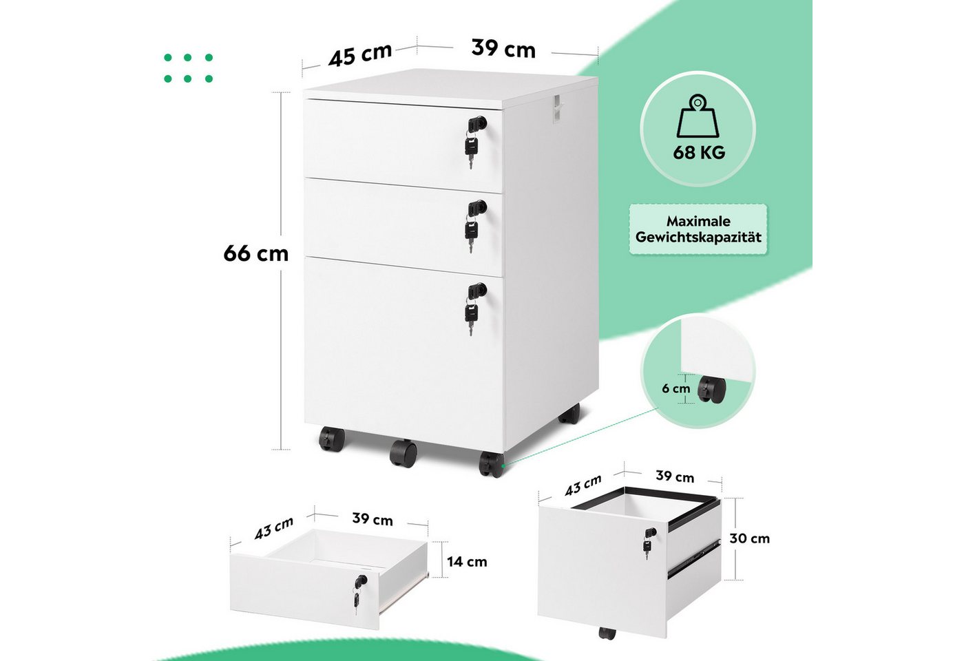 DEVAISE Rollcontainer Mobiler Aktenschrank mit 3 Schubladen, (Druckertisch für DIN A4/Legal/Letter), 3 Schlüssel, Schreibtisch Unterschrank für Büro und Home Of – Bild 4 von 5