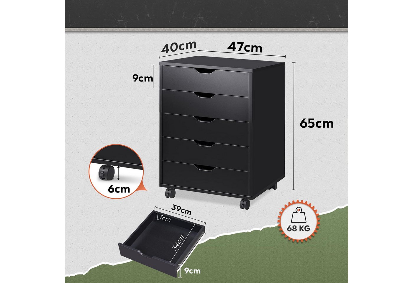 DEVAISE Rollcontainer Mobiler Aktenschrank mit 5 Schubladen & Tür, (47 x 40 x 65 cm), abschließbar, Druckerständer, für Homeoffice, Büro – Bild 2 von 5