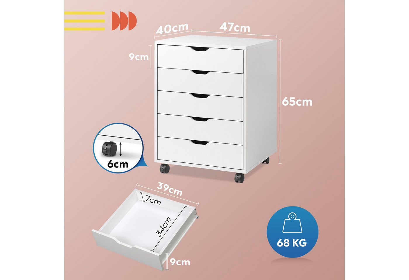 DEVAISE Rollcontainer Mobiler Aktenschrank mit 5 Schubladen & Tür, (47 x 40 x 65 cm), abschließbar, Druckerständer, für Homeoffice, Büro – Bild 3 von 5