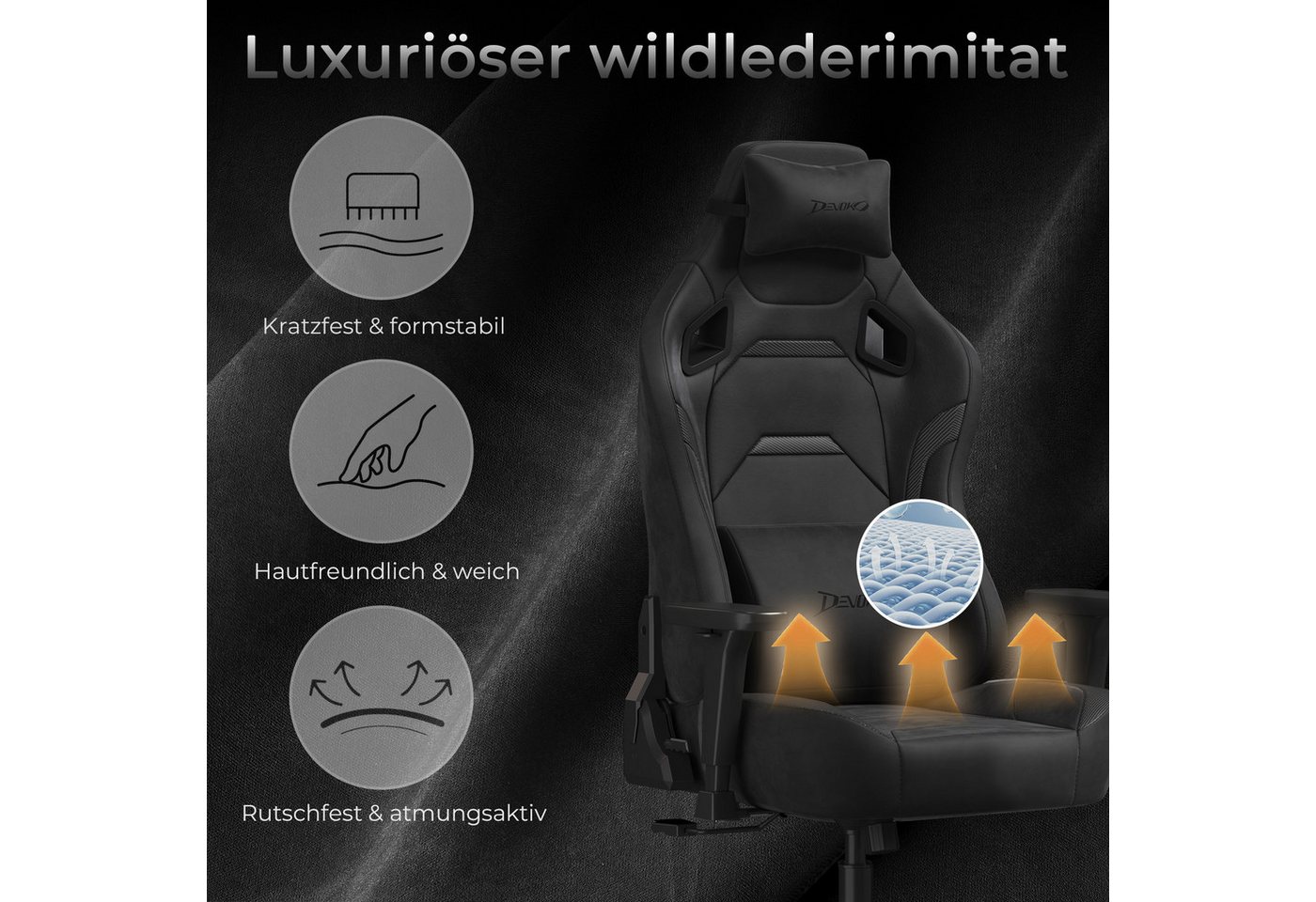 Devoko Gaming-Stuhl Luxuriöser Wildlederimitat,Großzügigem Sitz,gaming stuhl 200kg, Verstellbare Rückenlehne 90°–135°,3D-verstellbare Armlehnen – Bild 3 von 5