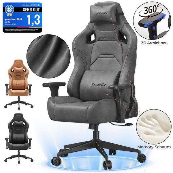 Devoko Gaming-Stuhl Luxuriöser Wildlederimitat,Großzügigem Sitz,gaming stuhl 200kg, Verstellbare Rückenlehne 90°–135°,3D-verstellbare Armlehnen