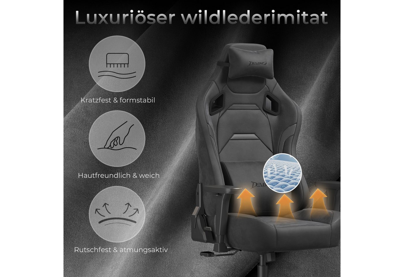 Devoko Gaming-Stuhl Luxuriöser Wildlederimitat,Großzügigem Sitz,gaming stuhl 200kg, Verstellbare Rückenlehne 90°–135°,3D-verstellbare Armlehnen – Bild 3 von 5
