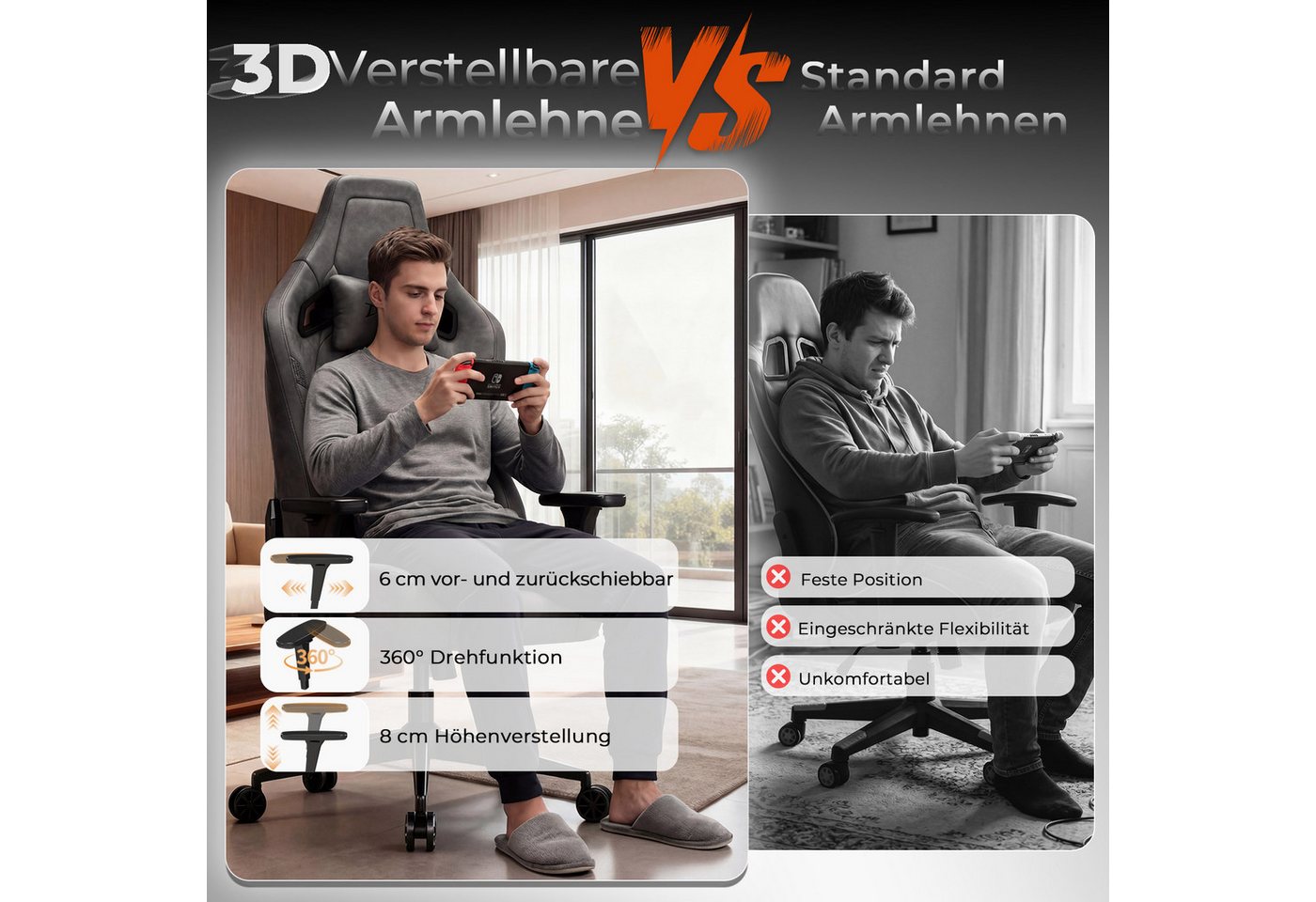 Devoko Gaming-Stuhl Luxuriöser Wildlederimitat,Großzügigem Sitz,gaming stuhl 200kg, Verstellbare Rückenlehne 90°–135°,3D-verstellbare Armlehnen – Bild 4 von 5