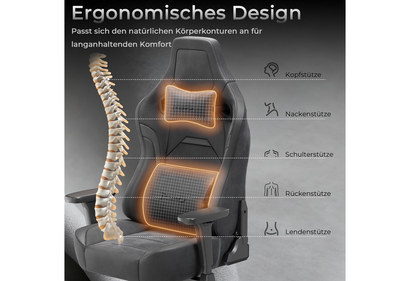Devoko Gaming-Stuhl Luxuriöser Wildlederimitat,Großzügigem Sitz,gaming stuhl 200kg, Verstellbare Rückenlehne 90°–135°,3D-verstellbare Armlehnen – Bild 5 von 5