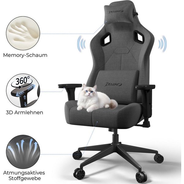 Devoko Gaming-Stuhl Luxuriöser Wildlederimitat,Großzügigem Sitz,gaming stuhl 200kg, Atmungsaktiver Stoff, Memory-Schaum, Leiseroller, Gaslift Stufe 4