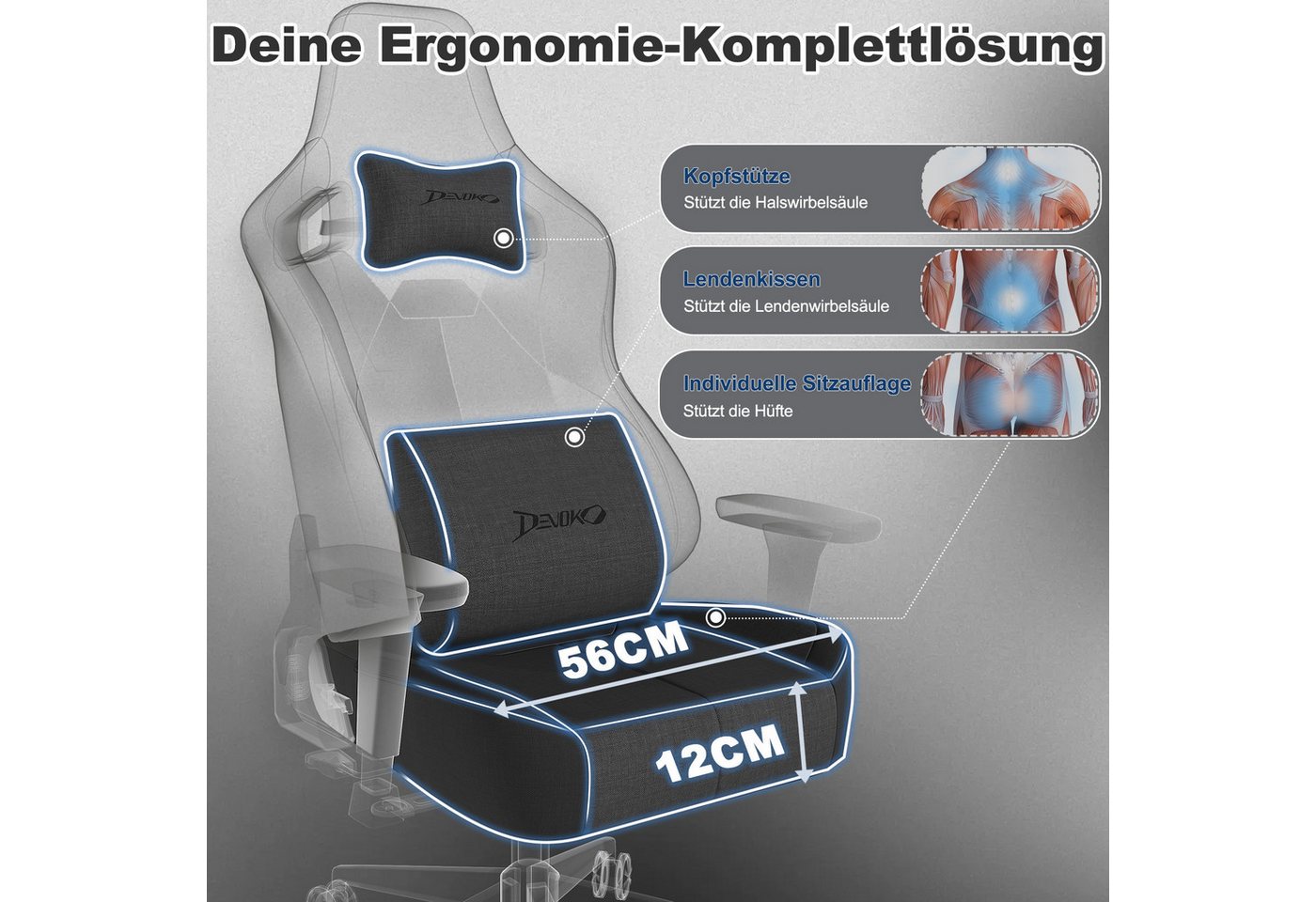 Devoko Gaming-Stuhl Luxuriöser Wildlederimitat,Großzügigem Sitz,gaming stuhl 200kg, Atmungsaktiver Stoff, Memory-Schaum, Leiseroller, Gaslift Stufe 4 – Bild 3 von 5