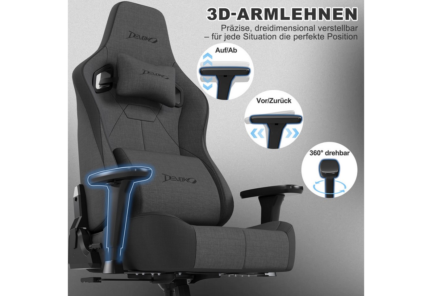 Devoko Gaming-Stuhl Luxuriöser Wildlederimitat,Großzügigem Sitz,gaming stuhl 200kg, Atmungsaktiver Stoff, Memory-Schaum, Leiseroller, Gaslift Stufe 4 – Bild 4 von 5