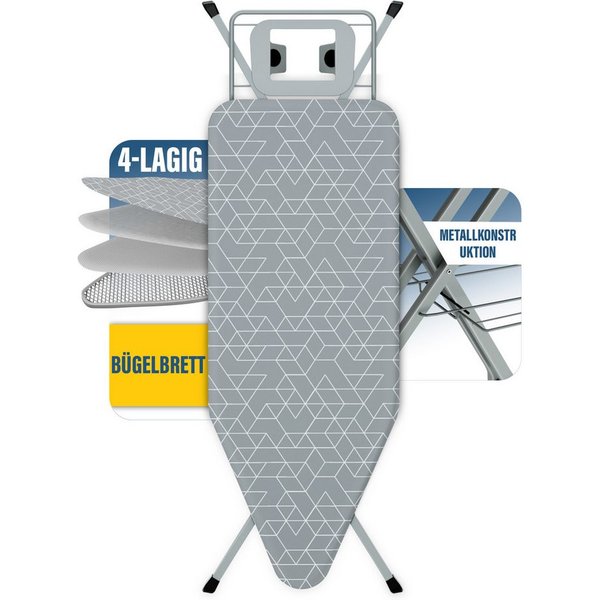 DEWINNER Bügelbrett XXL 120 × 45 cm klappbar höhenverstellbar, Bügelfläche 45x120 cm, Sicherheitsverschluss, Ablage f. Dampfbügeleisen