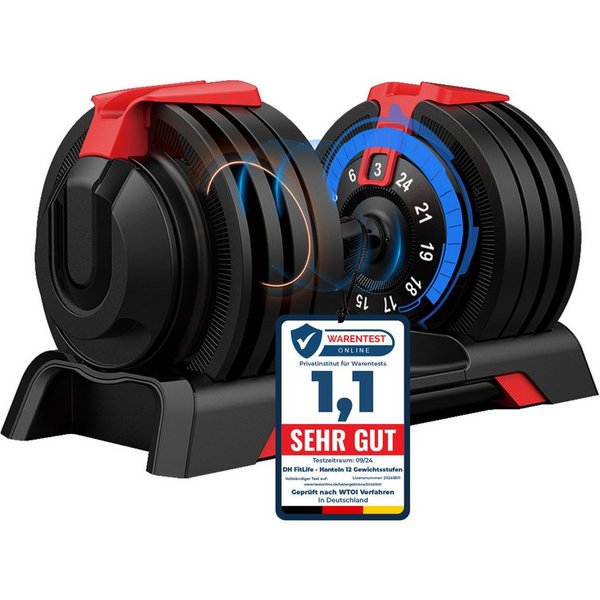DH FitLife Hantel verstellbare Hanteln, (3 bis 24 KG mit 12 Gewichtsstufen), Hanteln Kurzhanteln verstellbar, variable Gewichte 12 in 1
