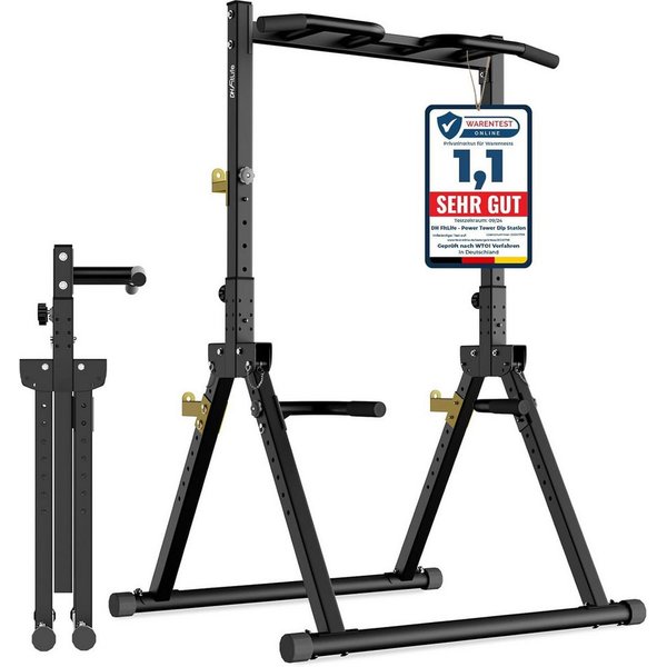 DH FitLife Kraftstation Power Tower Dip Station, (Set, verstellbar, mit Dip-Barren, Klimmzugstange, Hantelablagen), Belastung bis 150 kg, ideal für Home Gym