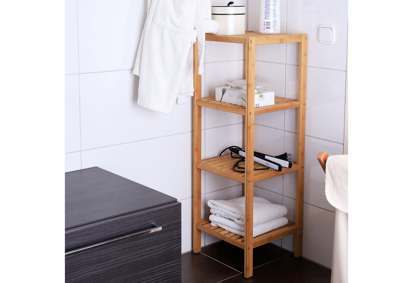 dibea Regal aus Bambus mit 4 Ablageflächen, 33x33x98 cm, natur, 1-tlg., robust, platzsparend & pflegeleicht – Bild 3 von 5