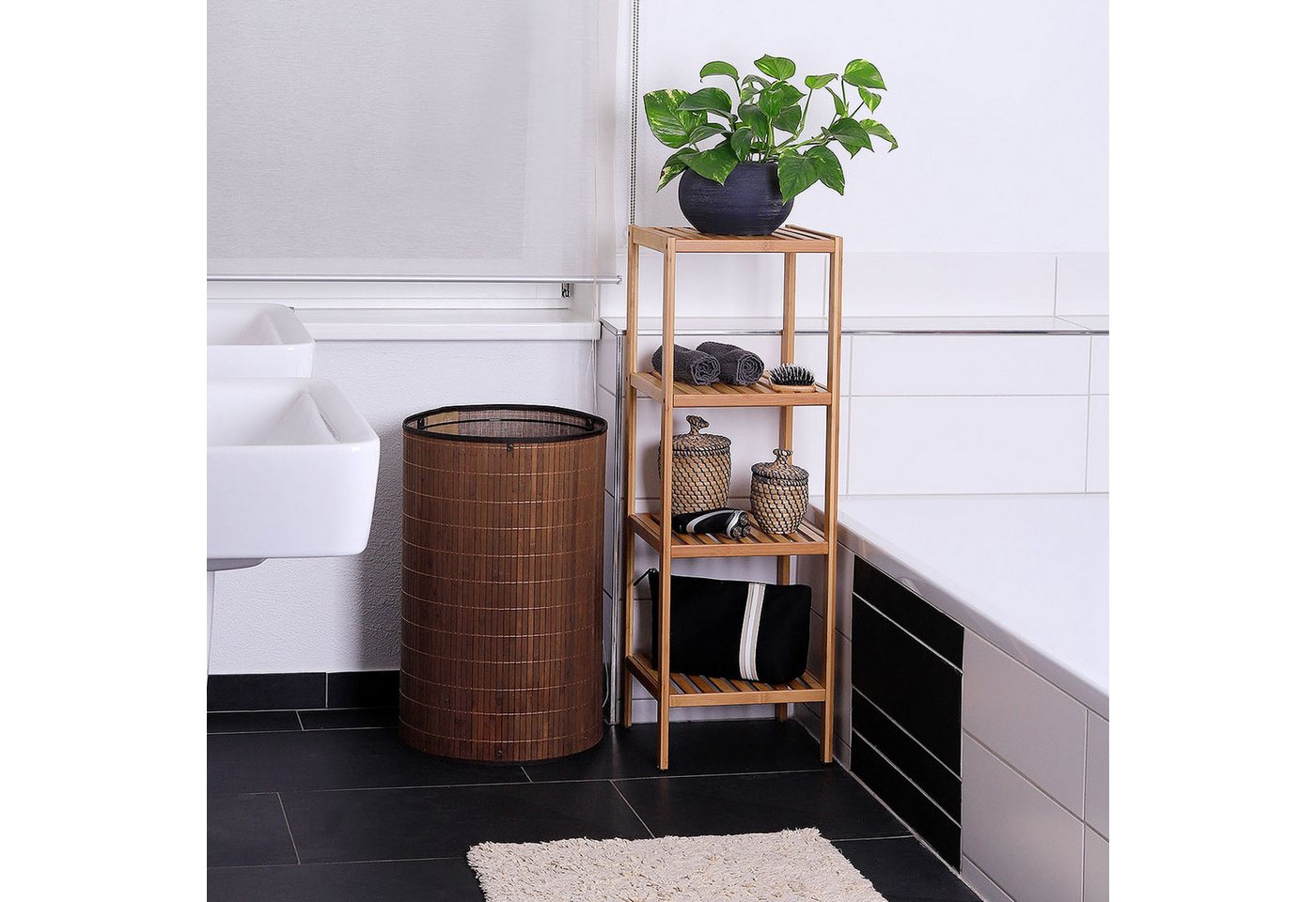 dibea Regal aus Bambus mit 4 Ablageflächen, 33x33x98 cm, natur, 1-tlg., robust, platzsparend & pflegeleicht – Bild 4 von 5