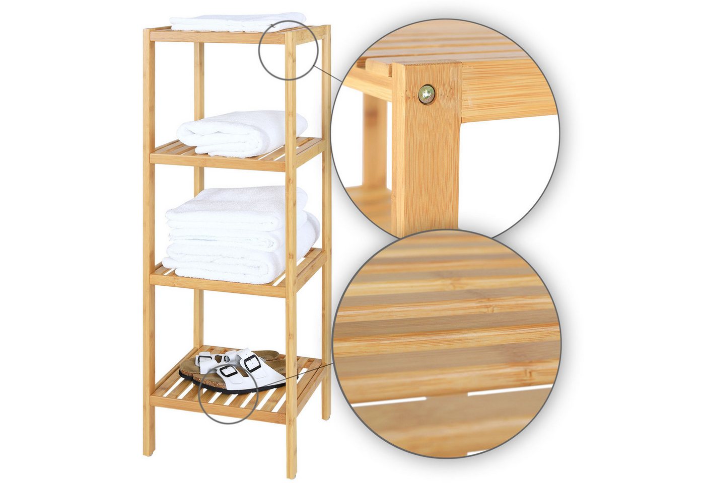 dibea Regal aus Bambus mit 4 Ablageflächen, 33x33x98 cm, natur, 1-tlg., robust, platzsparend & pflegeleicht – Bild 5 von 5