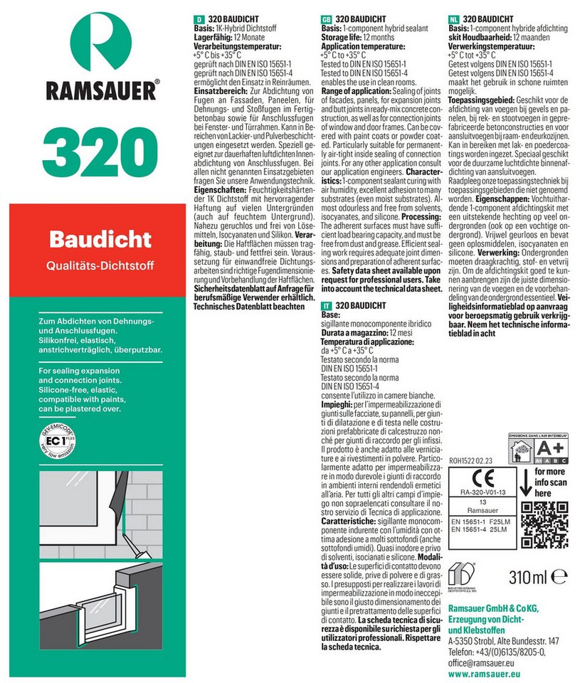 Ramsauer Dichtstoff Ramsauer 320 Baudicht Hybrid Dichtstoff 310ml Kartusche, gebrauchsfertig, Dichtstoff für Bau- und Anschlussfugen, Spenglerarbeiten. – Bild 3 von 4