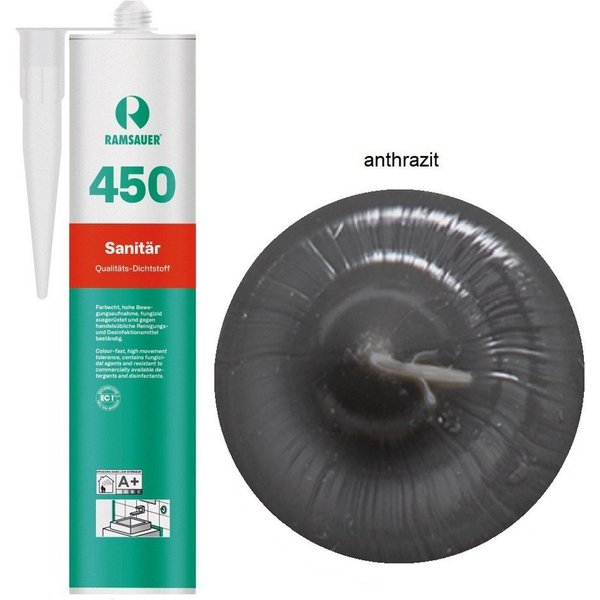 Ramsauer Dichtstoff Ramsauer 450 Sanitär 1K Silikon Dichtstoff 310ml Kartusche anthrazit, gebrauchsfertig, chemisch widerstandsfähig, schnellhärtend, UV-beständ