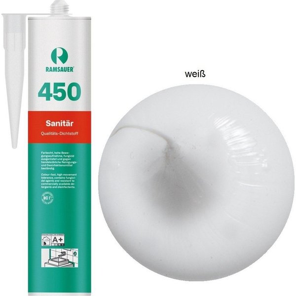 Ramsauer Dichtstoff Ramsauer 450 Sanitär Silikon Dichtstoff 310ml Kartusche weiß, gebrauchsfertig, chemisch widerstandsfähig, schnellhärtend, UV-beständig, pilz
