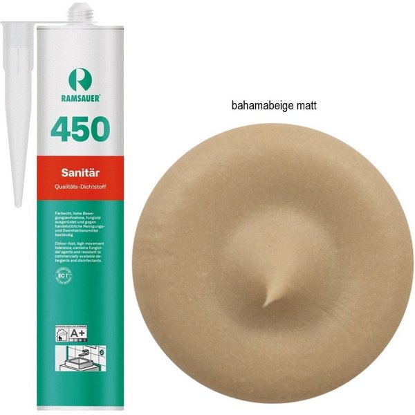 Ramsauer Dichtstoff Ramsauer 450 Sanitär Silikon Dichtstoff 310ml bahamabeige MATT, gebrauchsfertig, chemisch widerstandsfähig, schnellhärtend, UV-beständig,pil