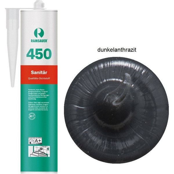 Ramsauer Dichtstoff Ramsauer 450 Sanitär Silikon Dichtstoff 310ml dunkelanthrazit, gebrauchsfertig, chemisch widerstandsfähig, schnellhärtend, UV-beständig, pil