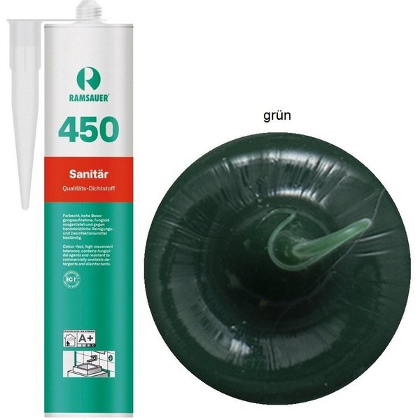 Ramsauer Dichtstoff Ramsauer 450 Sanitär Silikon Dichtstoff 310ml Kartusche grün, gebrauchsfertig, chemisch widerstandsfähig, schnellhärtend, UV-beständig, pilz