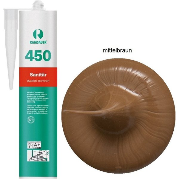 Ramsauer Dichtstoff Ramsauer 450 Sanitär Silikon Dichtstoff 310ml Kartusche mittelbraun, gebrauchsfertig, chemisch widerstandsfähig, schnellhärtend, UV-beständi
