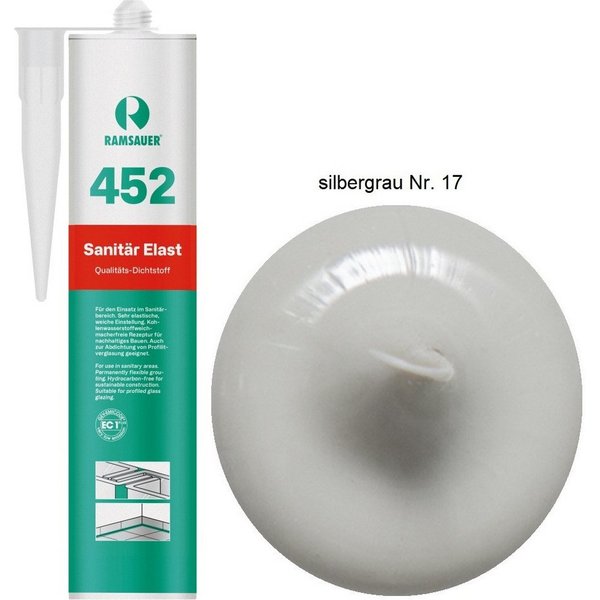 Ramsauer Dichtstoff Ramsauer 452 Sanitär Elast Silikon 310ml Kartusche Silbergrau Nr. 17, gebrauchsfertig, Gute Haftung auf glatten Oberflächen, Innen und Ausse