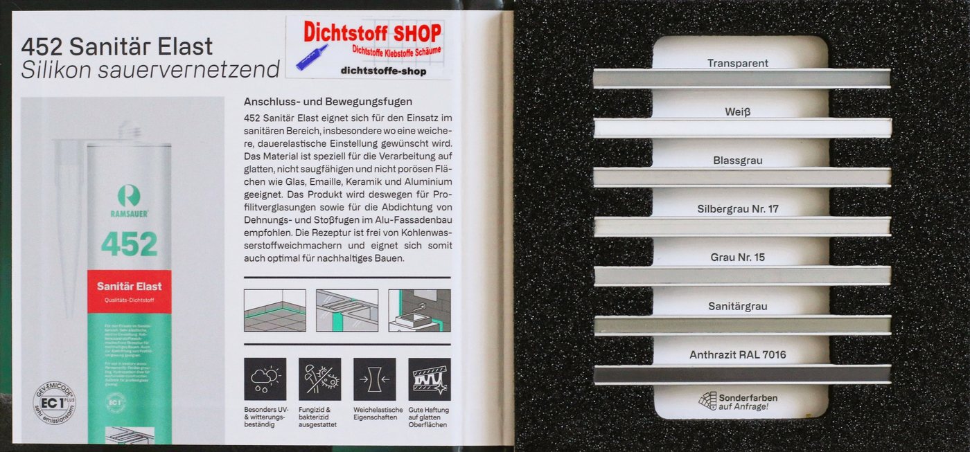 Ramsauer Dichtstoff Ramsauer 452 Sanitär Elast Silikondichtstoff 310ml Kartusche Blassgrau, gebrauchsfertig, Gute Haftung auf glatten Oberflächen, Innen und Aus – Bild 2 von 4