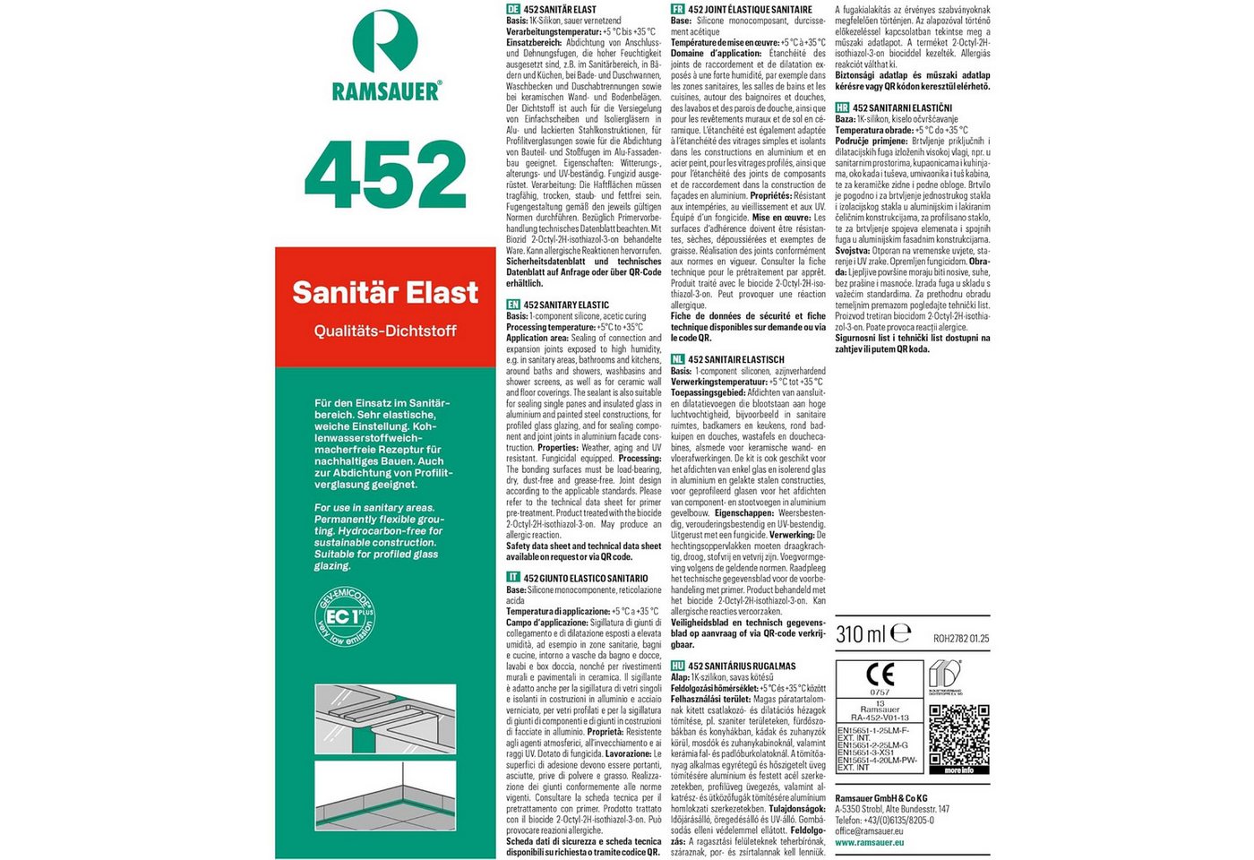 Ramsauer Dichtstoff Ramsauer 452 Sanitär Elast Silikondichtstoff 310ml Kartusche Blassgrau, gebrauchsfertig, Gute Haftung auf glatten Oberflächen, Innen und Aus – Bild 3 von 4