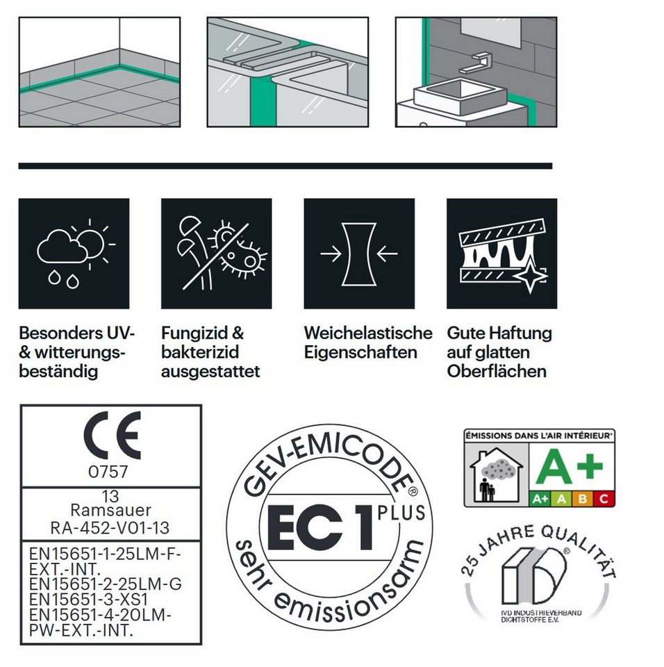 Ramsauer Dichtstoff Ramsauer 452 Sanitär Elast Silikondichtstoff 310ml Kartusche Blassgrau, gebrauchsfertig, Gute Haftung auf glatten Oberflächen, Innen und Aus – Bild 4 von 4