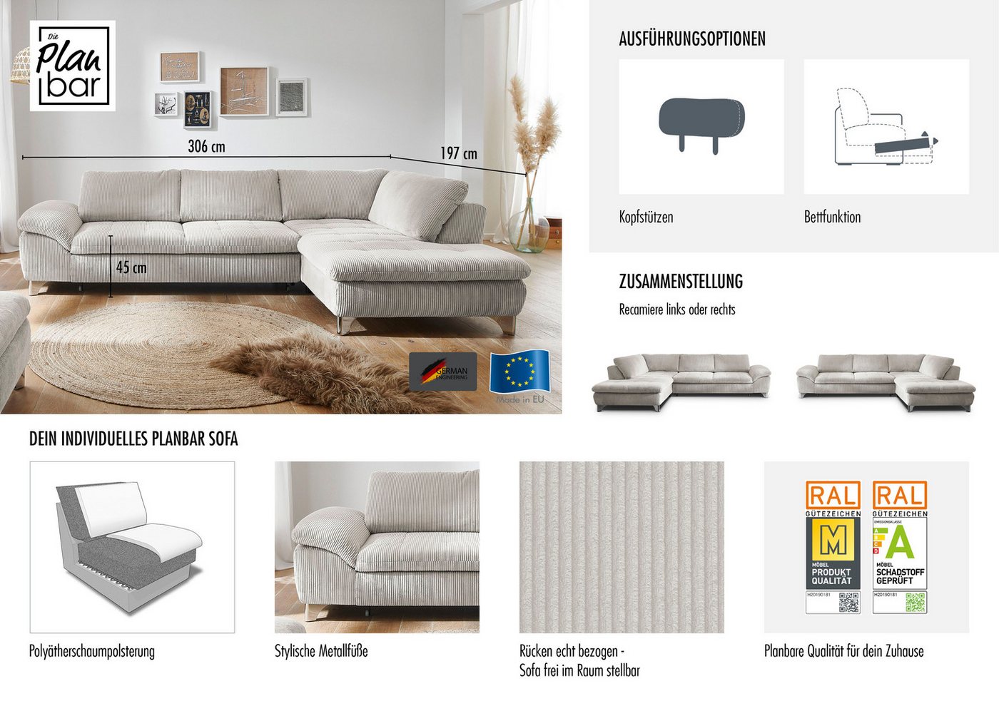 Die PlanBar Ecksofa Ottomane MP-IN14007 L-Form, Breite 306 cm, wahlweise mit Schlaffunktion und verstellbaren Kopfstützen, in Cord – Bild 3 von 5