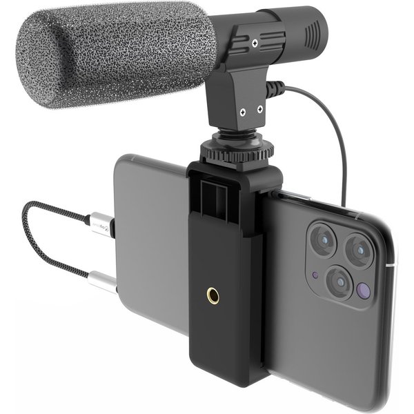 DigiPower Richtmikrofon Shotgun-Mikrofon, Smartphone-Halterung, Nierencharakteristik, 30-18KHz, 3,5 Klinke