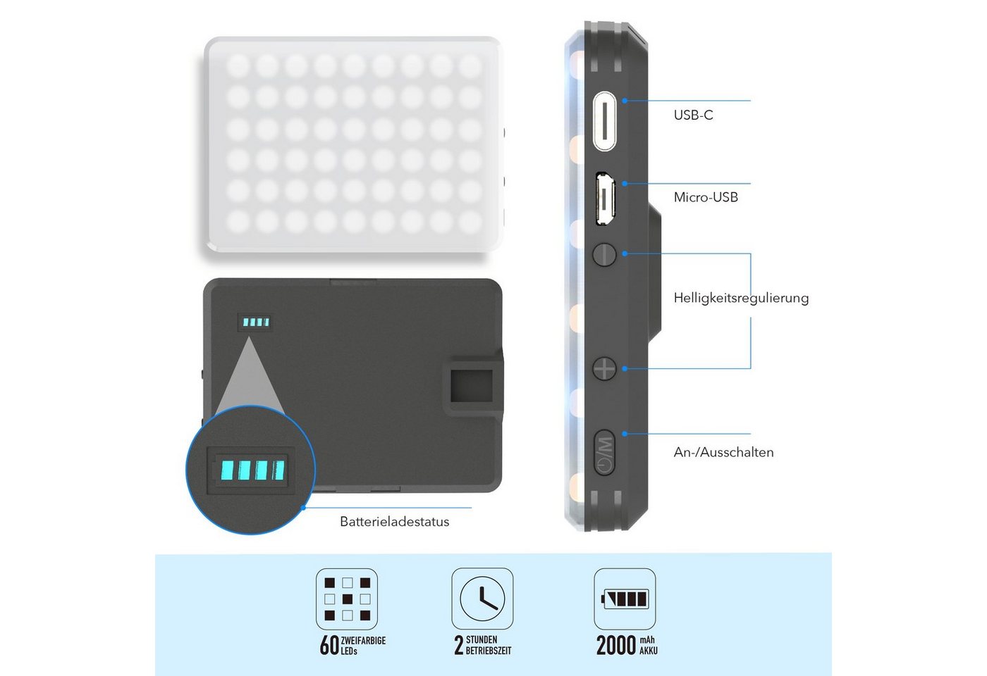 DigiPower Smartphone-Halterung Achiever Smartphone-Ständer, 60 LEDs, höhenverstellbare Tischhalterung, (Handyständer aus Metall für Handys bis zu einer Länge vo – Bild 5 von 5