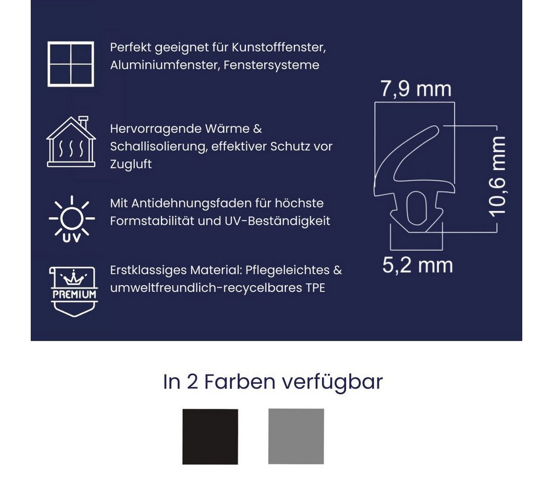 Dikara Dichtungsband Fensterdichtung Aluminium-, Kunststofffenster Höhe 10,6mm Nut 5,2mm, Antidehnungsfaden, TPE – Bild 2 von 5