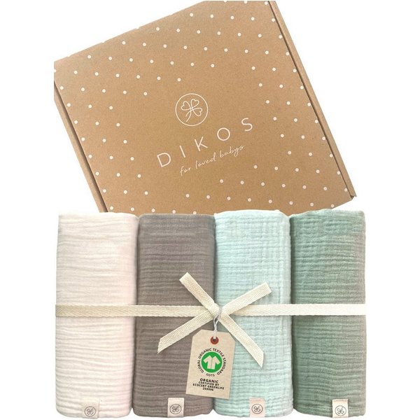 Babydecke Spucktücher, Mulltücher 4er-SET, 64x64 100% GOTS BIO-Baumwolle, DIKOS, PREMIUM Qualität atmungsaktiv, nachhaltig, plastikfrei, kuschelweich