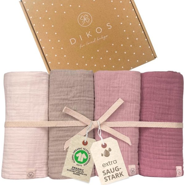 Babydecke Spucktücher, Mulltücher 4er-SET, 64x64 100% GOTS BIO-Baumwolle, DIKOS, PREMIUM Qualität atmungsaktiv, nachhaltig, plastikfrei, kuschelweich