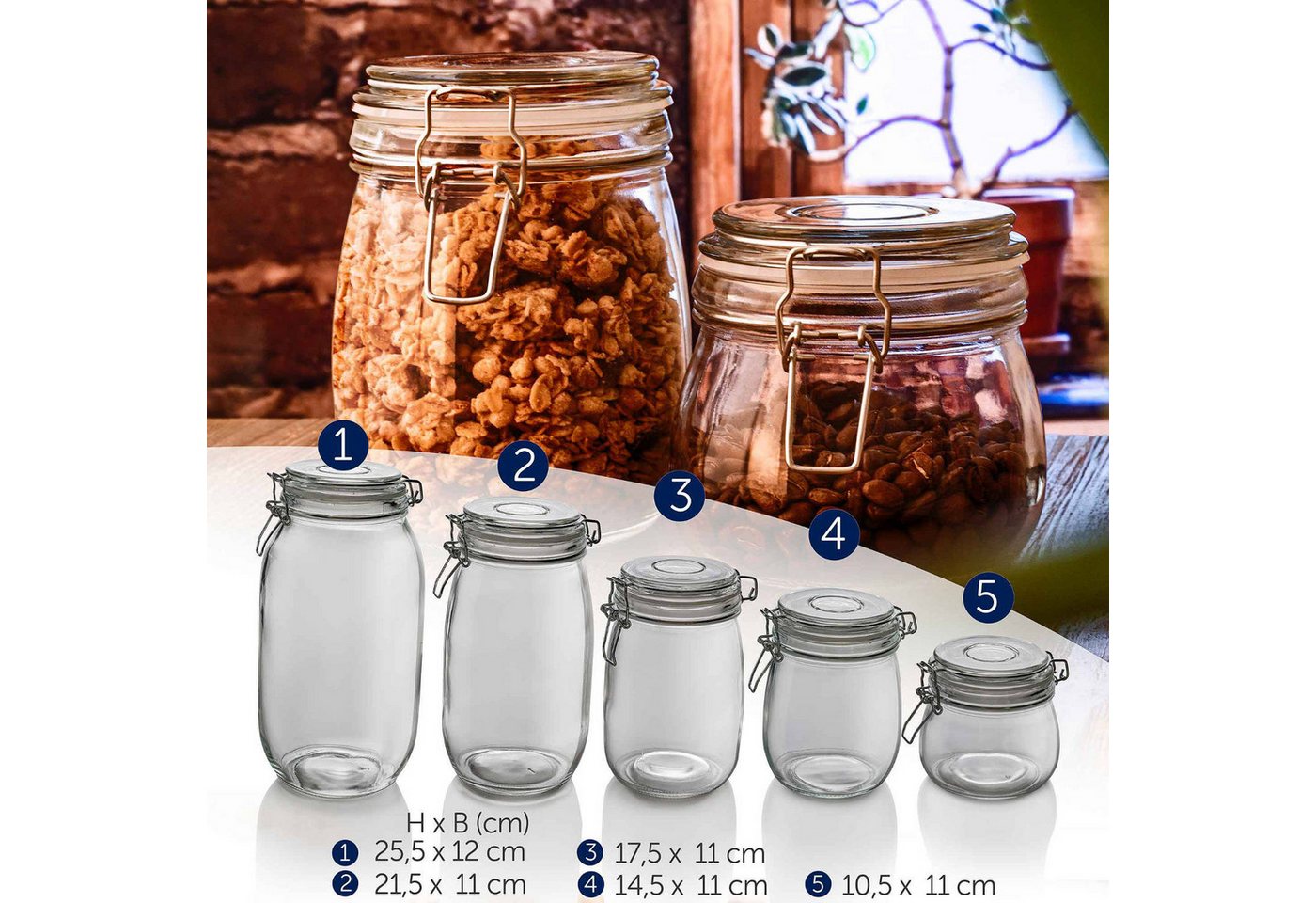 Dimono Einmachglas Einmachglas Set 5er–Vorratsgläser mit Bügelverschluss&Borosilikatglas, Glas, (5er Set, Bügelgläser), Einweck-Gläser – Bild 3 von 5