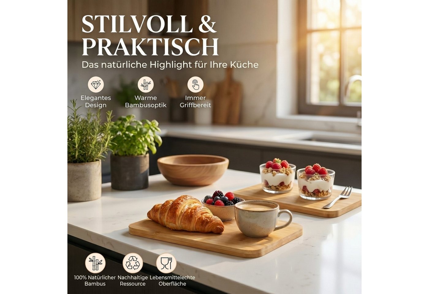 Dimono Schneidebrett Frühstücksbrett Set 6-teilig – Bambus Schneide- & Servierbretter, Bambus, (Servierbretter Küchenbrett Brotbrett), klingenschonend, antibakt – Bild 3 von 5