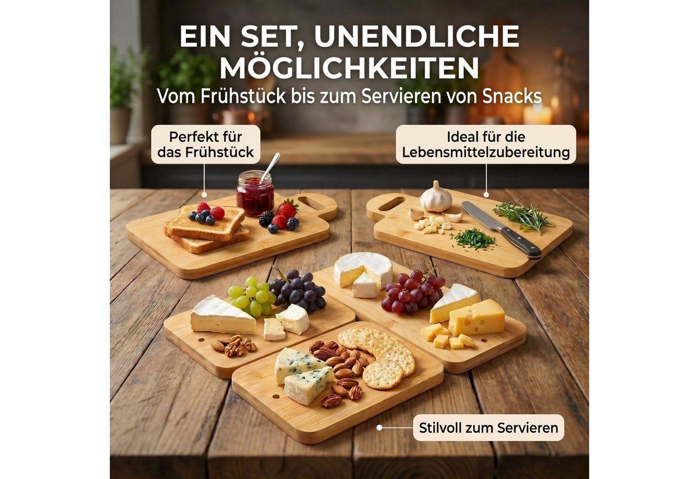 Dimono Schneidebrett Frühstücksbrett Set 6-teilig – Bambus Schneide- & Servierbretter, Bambus, (Servierbretter Küchenbrett Brotbrett), klingenschonend, antibakt – Bild 5 von 5