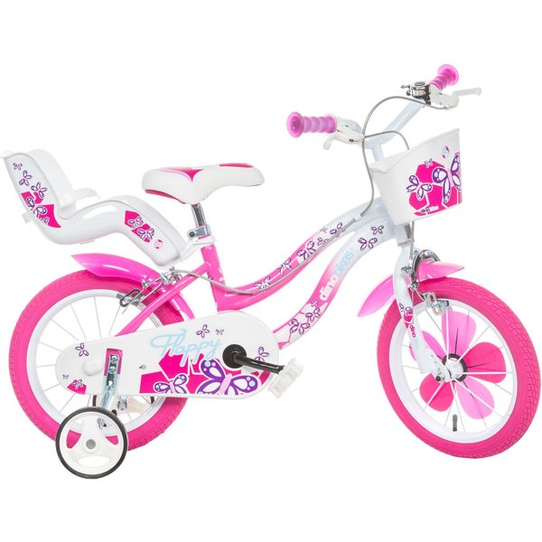 Dino Bikes Kinderfahrrad 16" Flappy Kinderfahrrad Mädchen Freilauf 4–7 Jahre Stützräder, 1 Gang, mit Stützrädern, Korb und Puppensitz