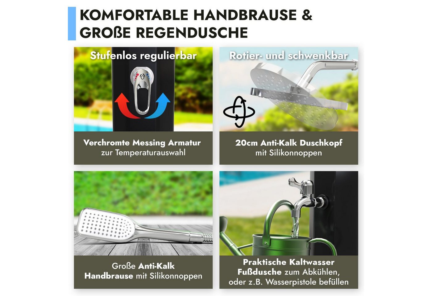 dirks-traumbad Gartendusche Solar 40 Liter mit Handbrause Außendusche Garten Pooldusche Fußdusche (verstellbare 20cm Regendusche mit Anti Kalk Silikonnoppen), S – Bild 2 von 5