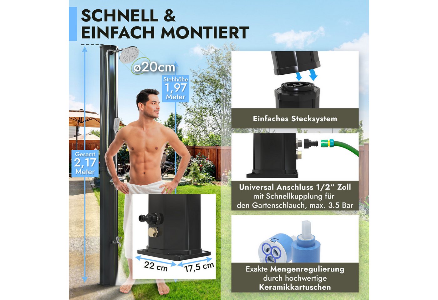 dirks-traumbad Gartendusche Solar 40 Liter mit Handbrause Außendusche Garten Pooldusche Fußdusche (verstellbare 20cm Regendusche mit Anti Kalk Silikonnoppen), S – Bild 4 von 5