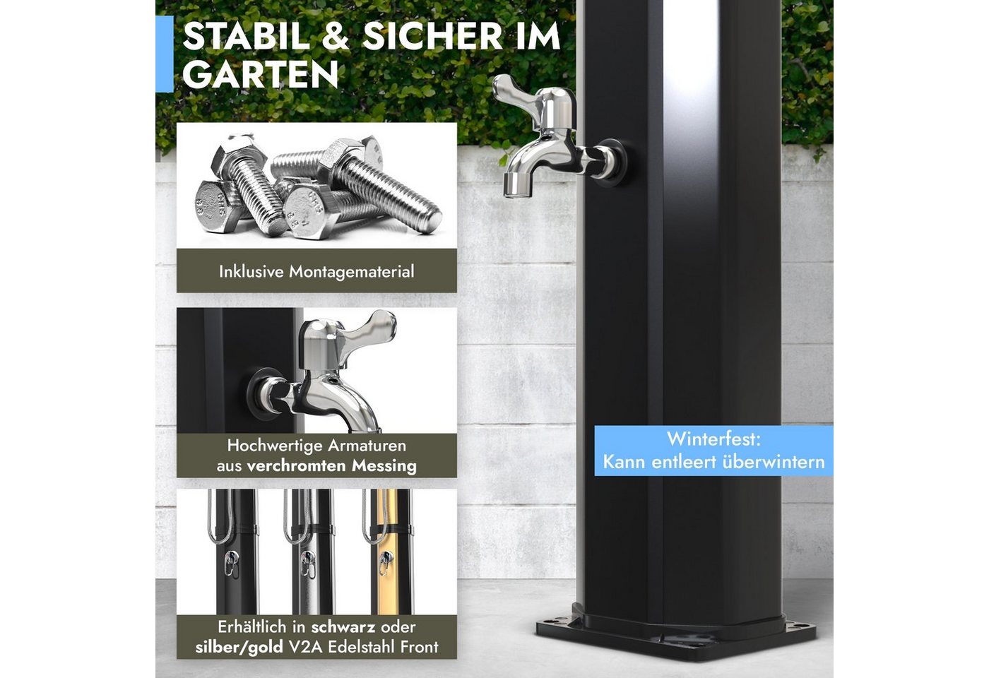 dirks-traumbad Gartendusche Solar 40 Liter mit Handbrause Außendusche Garten Pooldusche Fußdusche (verstellbare 20cm Regendusche mit Anti Kalk Silikonnoppen), S – Bild 5 von 5