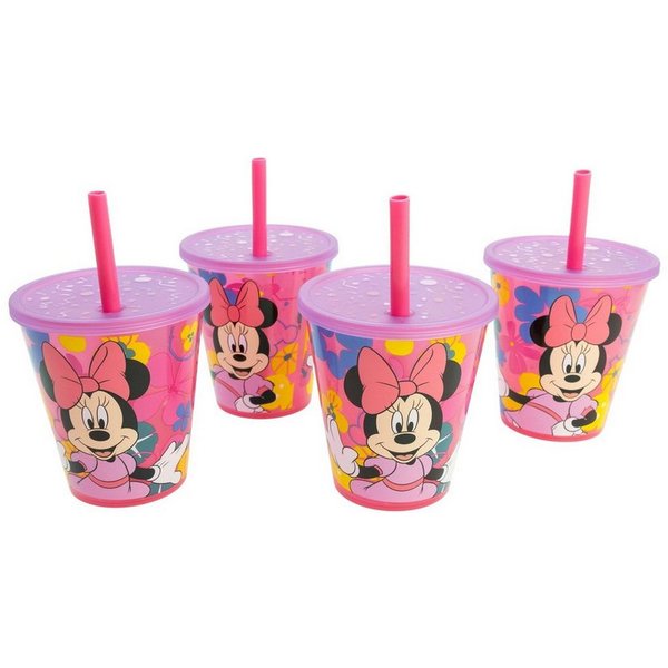Disney Minnie Mouse Becher Kinder Becher Set 4 teilig 285 ml Becher mit Trinkhalm, 4-tlg.