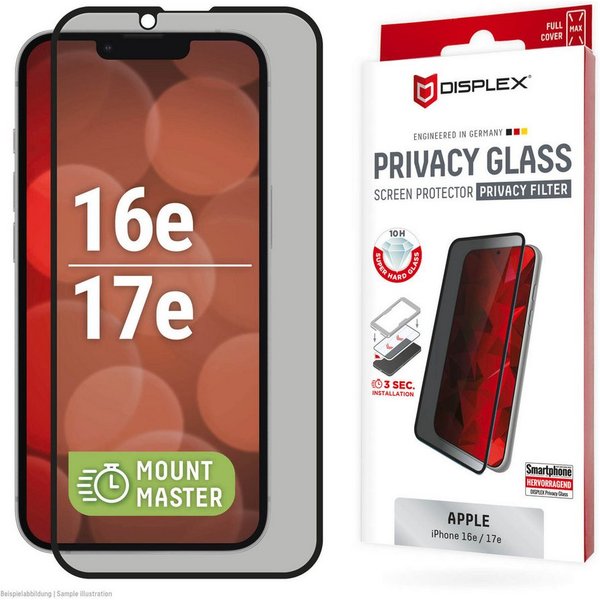 Displex Displayschutzglas Privacy Glass Screen Protector mit EASY-ON MountMaster für Apple iPhone 16e, Apple iPhone 17e, Displayschutzfolie, Schutzfolie, Bildsc