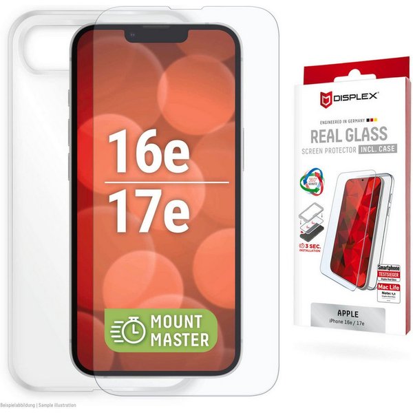 Displex Displayschutzglas Real Glass Screen Protector + Case mit EASY-ON MountMaster für Apple iPhone 16e, Apple iPhone 17e, Displayschutzfolie, Schutzfolie, Bi