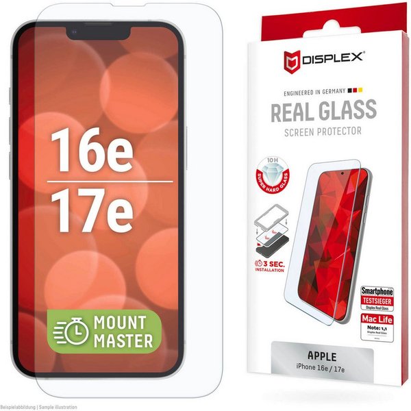 Displex Displayschutzglas Real Glass Screen Protector mit EASY-ON MountMaster für Apple iPhone 16e, Apple iPhone 17e, Displayschutzfolie, Schutzfolie, Bildschir