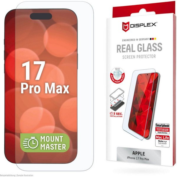 Displex Displayschutzglas Real Glass Screen Protector mit EASY-ON MountMaster für Apple iPhone 17 Pro Max, Displayschutzfolie, Schutzfolie, Bildschirmschutz, kr