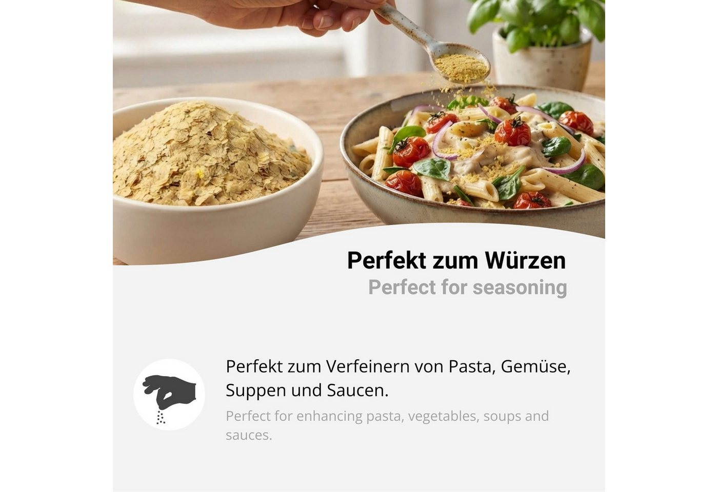 DistrEbution Gewürz Hefeflocken, vegane Parmesan-Alternative für Pasta und Salate, 1 x, Würzig-nussiger Umami-Geschmack, inaktive Nährhefe – Bild 4 von 5
