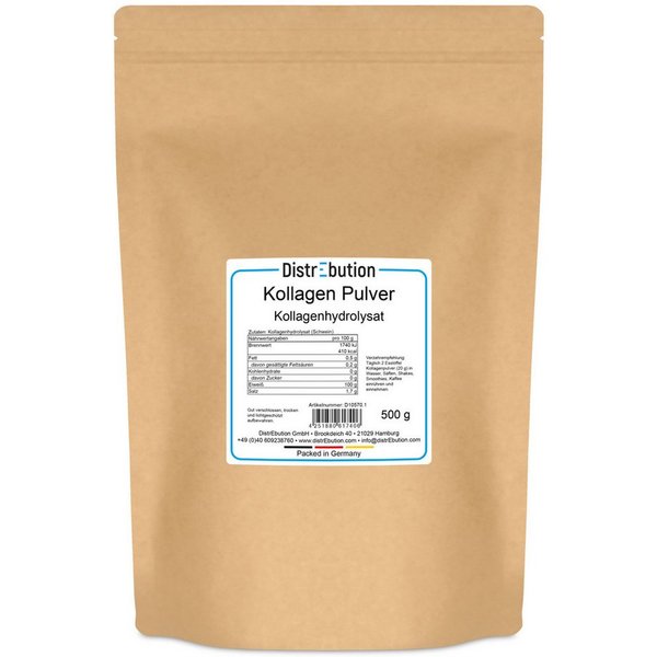 DistrEbution Kollagenhydrolysat, Kollagen Pulver, 500 g, geschmacksneutral, leicht löslich in Wasser, Säften, Shakes, Kaffee