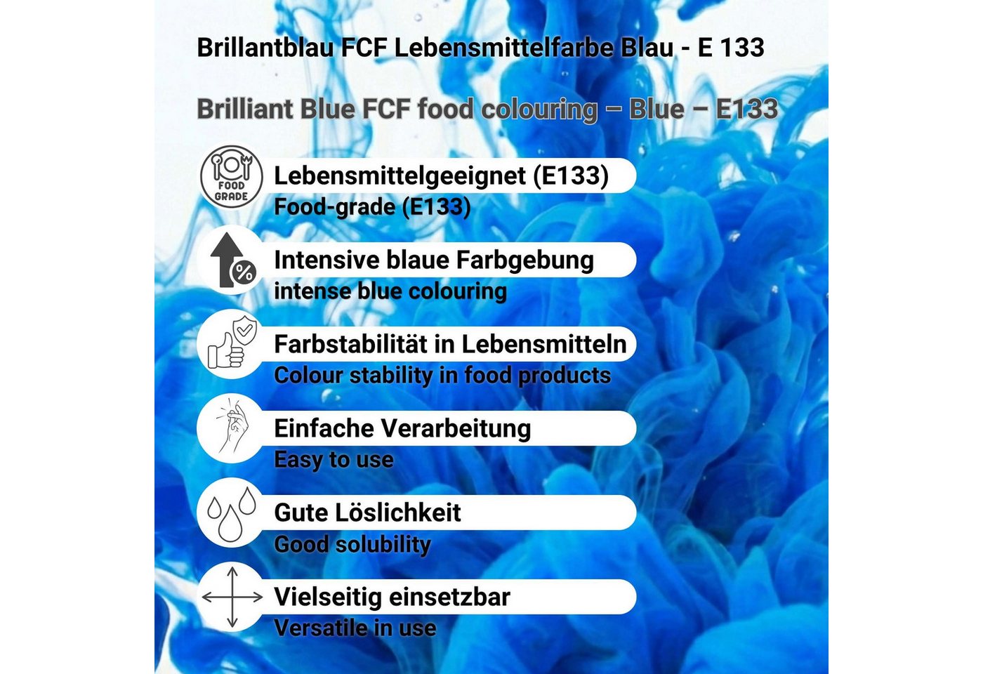 DistrEbution Lebensmittelfarbstoff Lebensmittelfarben in Blau, Rot, Gelb, Orange, Schwarz - 20g und 1kg, Brillantblau FCF (E 133) – Bild 2 von 5