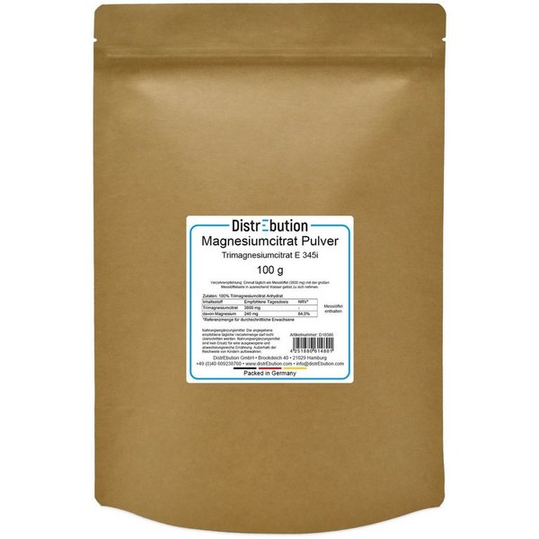 DistrEbution Magnesiumcitrat Pulver, 100g-25kg Ohne Zusatzstoffe, Hochdosiert Pulver, 100 g, Hochkonzentriert ca. 16%, Ohne Zusatzstoffe